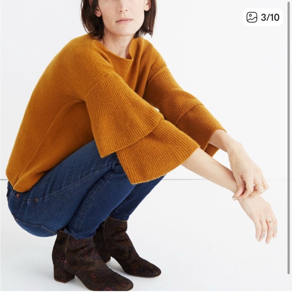Madewell Mustard Ruffle Ruffle Bell Sleeve Boat
Neck Sweater Sweater Sz Medium - Picture 2 of 12